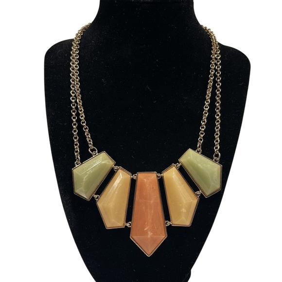 Jewelry - Geometric Bib Statement Necklace Gold Tone Green Orange Cream Resin Stones